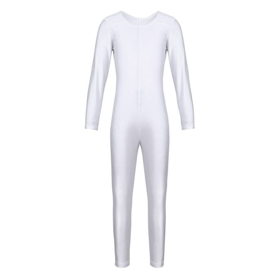 Runhomal Kid Girls Long Sleeve Round Neck Unitard Catsuit Full Bodysuit Jumpsuit Gymnastics Exercise White 3XL