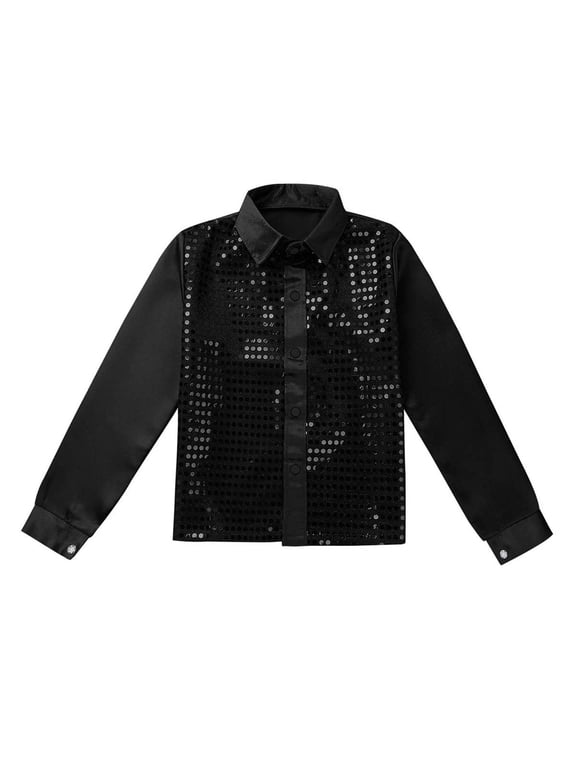 Kids Boys Girls Sequins Long Sleeve Hip Hop Dance T-Shirt Party Tops Black 10-12