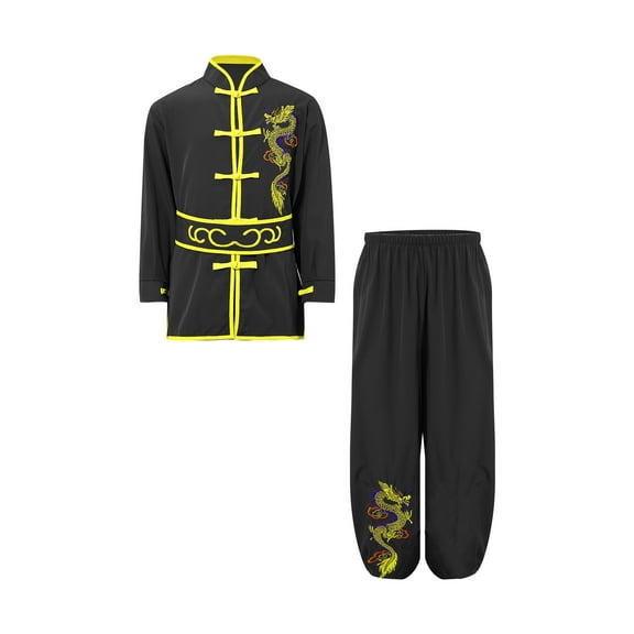 Runhomal Kids Boys Kung Fu Uniform Set Traditional Chinese Embroidered Tai Chi Wing Chun Suit Sport Black 160
