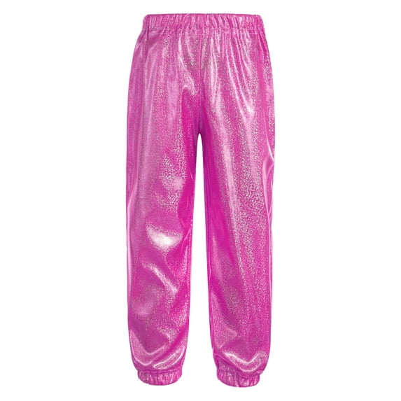Runhomal Kids Boys and Girls Shiny Metallic Pants Elastic Waistband Jazz Dance Harem Trousers Loose Hot Pink 160