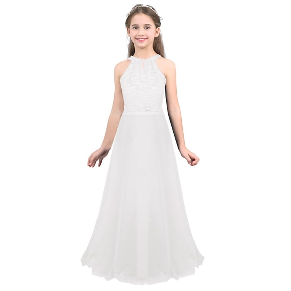 Runhomal Kids Chiffon Sleeveless Floral Lace Flower Girls Dress Wedding Birthday Party Pageant Maxi White 14
