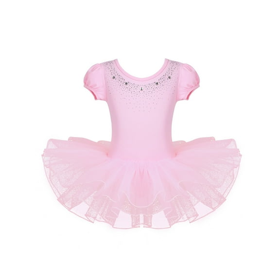 Runhomal Kids Girls Cap Sleeve Ballet Dance Leotard Mesh Tutu Dress Rhinestones Gymnastics Outfits Dancewear Pink 3-4