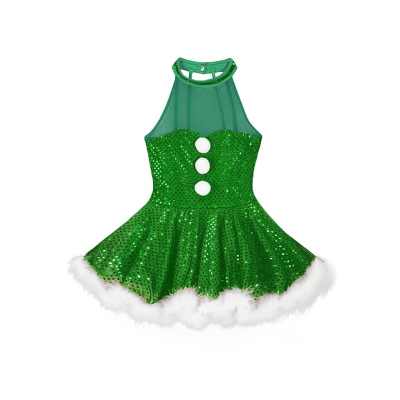 Runhomal Kids Girls Christmas Dress Shiny Sequins Ballet Tutu Dress Ice Skating Dress Snowman Costume Green 10