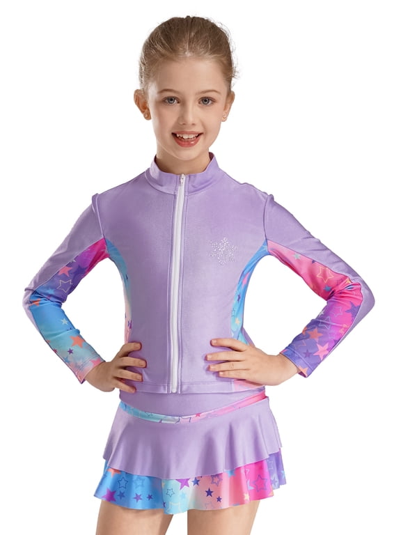 Kids Girls Figure Ice Skating Jacket Zipper Gymnastic Athletic Sport Top Long Sleeve Purple 12