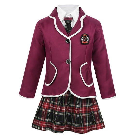 Runhomal Kids Girls School Uniform Formal Suit Long Sleeve Coat Shirt and Plaid Mini Skirt with Tie Burgundy 110