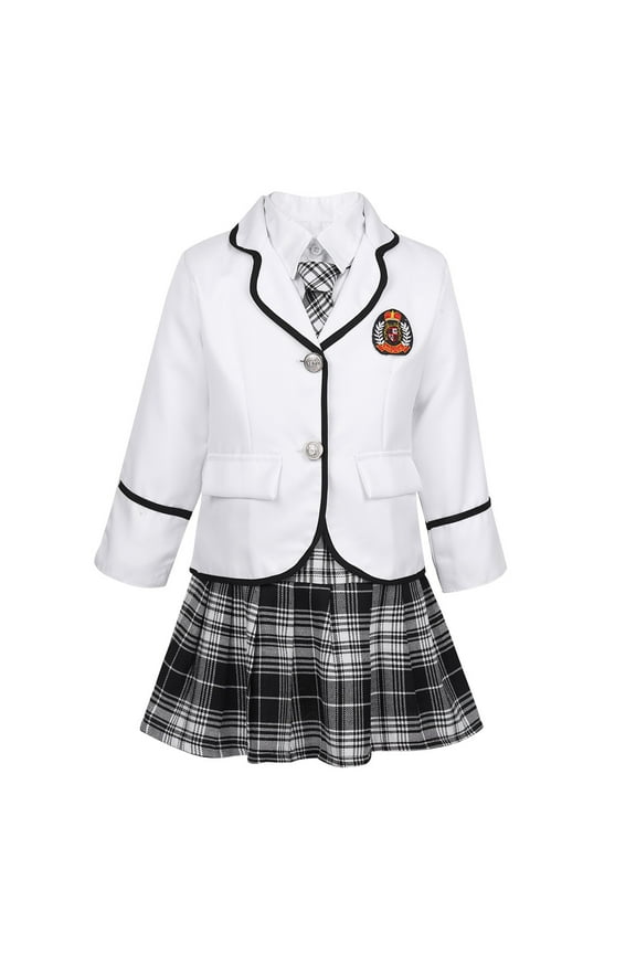 Kids Girls School Uniform Formal Suit Long Sleeve Coat Shirt and Plaid Mini Skirt with Tie White 140