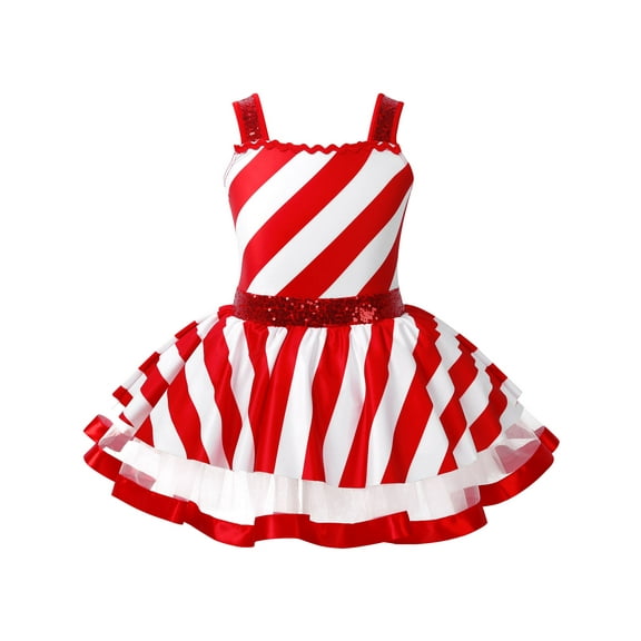 Runhomal Kids Girls Sequins Striped Tutu Dance Dress Figure Skating Dress Christmas Party Candy Cane Red 10
