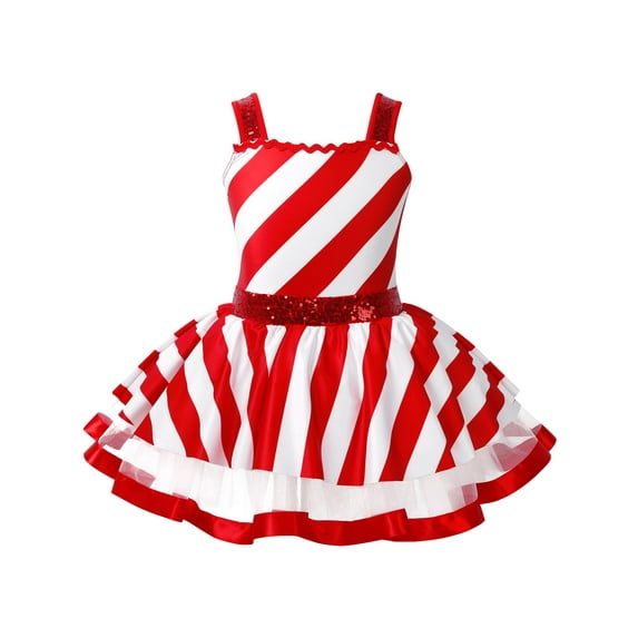 Runhomal Kids Girls Sequins Striped Tutu Dance Dress Figure Skating Dress Christmas Party Candy Cane Red 16