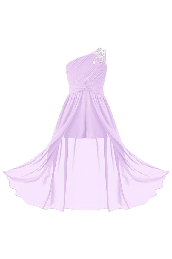 Kids Girls Shiny Beaded Chiffon Long Romper Dress One Shoulder Ruched Flower Girl Dresses for Wedding Lavender 12