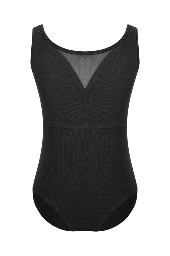 Kids Girls Sleeveless Sheer Mesh Color Block V-Back Dance Gymnastics Leotard Crew Neck Black 130