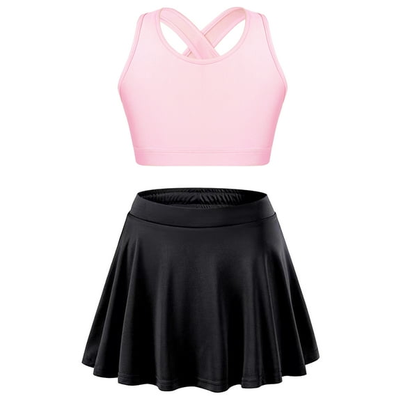 Runhomal Kids Girls Tennis Golf Dress Outfit Sleeveless Tank Top and Skorts Sets Gym Yoga Ballet Pink&Black 6