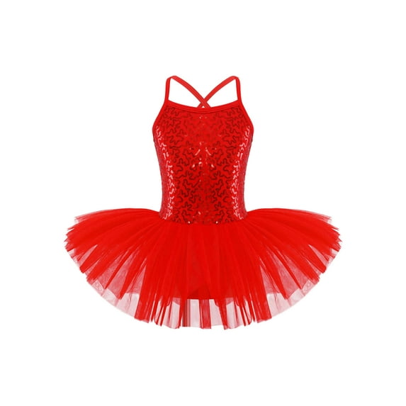 Runhomal Little Big Girls Sequins Ballet Dance Tutu Dress Ballerina Swan Costume Gymnastic Leotard Red M