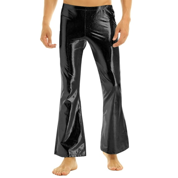 Runhomal Mens Shiny Metallic 70's Disco Dude Pants Costume Flared Bell Bottom Leggings Long Trousers Black S
