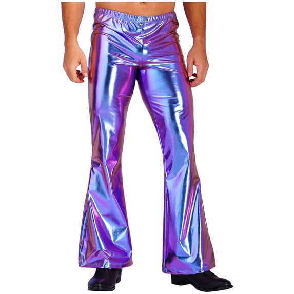 Runhomal Mens Shiny Metallic 70's Disco Dude Pants Costume Flared Bell Bottom Leggings Long Trousers Colorful XXL