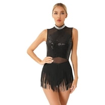 Runhomal Women's Glitter Fringe Dress Sequins Tassel Latin Jazz Dance Leotard Bodysuit Lyrical Dance Black S