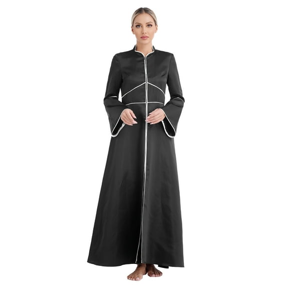 Runhomal Women's Pastor Pulpit Robes Flared Sleeves Church Clergy Maxi Dress Priest Liturgical Black L