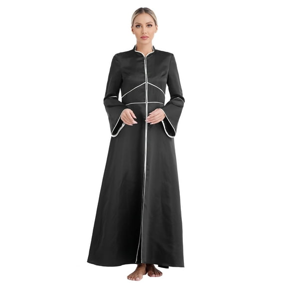 Runhomal Women's Pastor Pulpit Robes Flared Sleeves Church Clergy Maxi Dress Priest Liturgical Black L