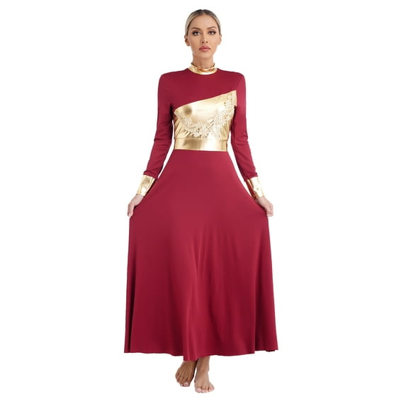 Runhomal Womens Metallic Gold Praise Dance Dress Lyrical Worship Dance Tunic Full Length Wide Swing Burgundy S