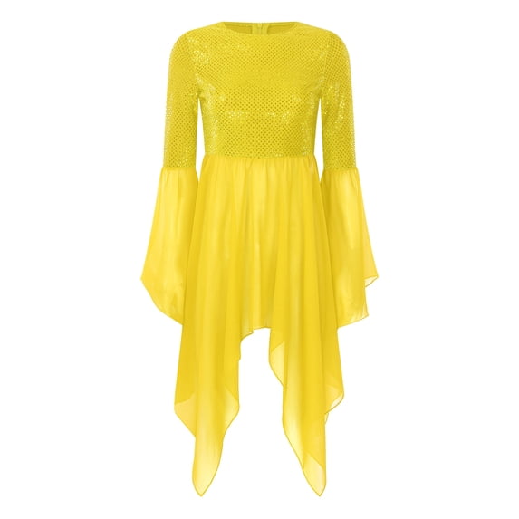 Runhomal Womens Sparkly Liturgical Praise Dance Tunic Irregular Hem Worship with Chiffon Skirt Yellow S