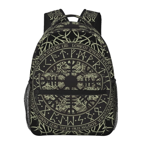 Runic Scandinavian Circle Backpack Casual College Bag Zipper Laptop Daypack Hiking Rucksack Travel