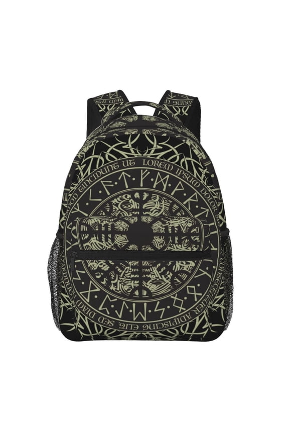 Runic Scandinavian Circle Backpack Casual College Bag Zipper Laptop Daypack Hiking Rucksack Travel