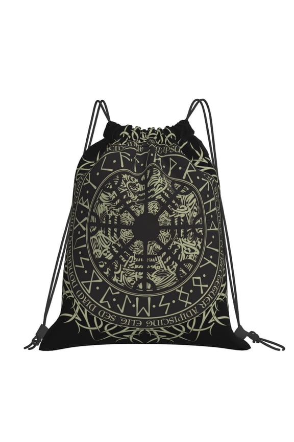 Runic Scandinavian Circle Large Drawstring Backpack Casual Cinch Sack Bag Backpack for Sports Hiking Travel Gym