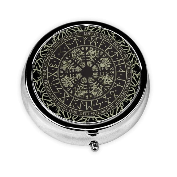 Runic Scandinavian Circle Mini Round Pill Box Portable Small Pill Case Organizer with 3 Compartments for Pocket Purse