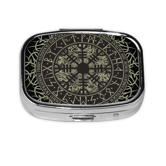 Runic Scandinavian Circle Square Pill Box 2 Compartment Pill Case Medicine Organizer Decorative Gift for Purse Pocket