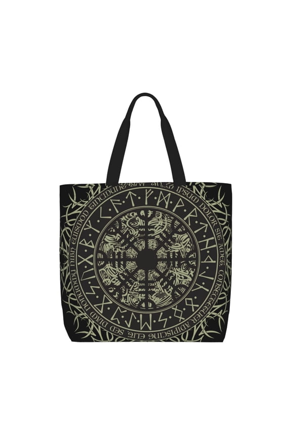 Runic Scandinavian Circle Zippered Tote Bag Large Capacity Shoulder Handbag for Shopping, Work, Travel
