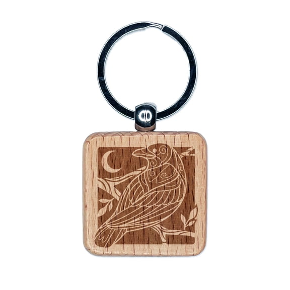 Runic Tribal Rune Raven Square Keychain Charm Tag - Engraved Wood