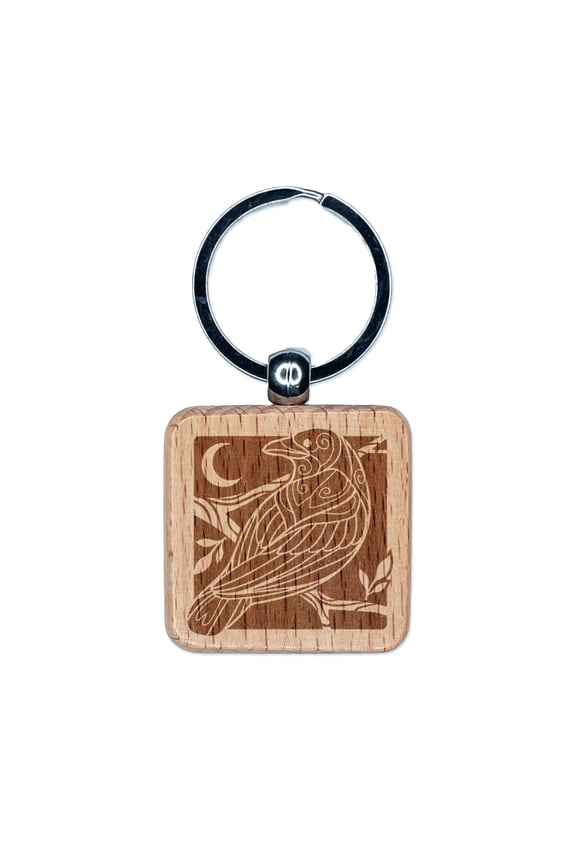 Runic Tribal Rune Raven Square Keychain Charm Tag - Engraved Wood