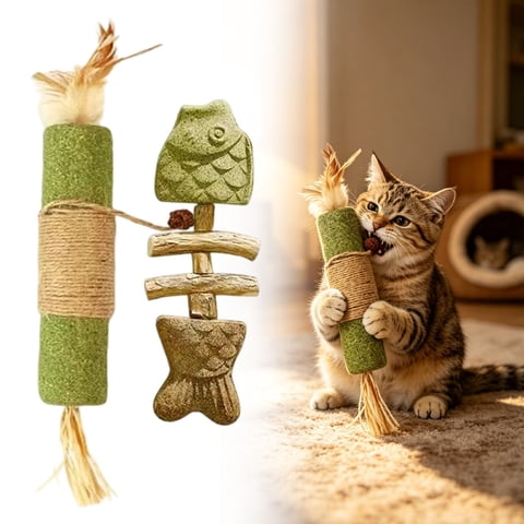 Runkheen Cat Dental Care Chew Toy, Natural Silvervine Catnip Wooden Fish Bone Teeth Cleaning Sticks