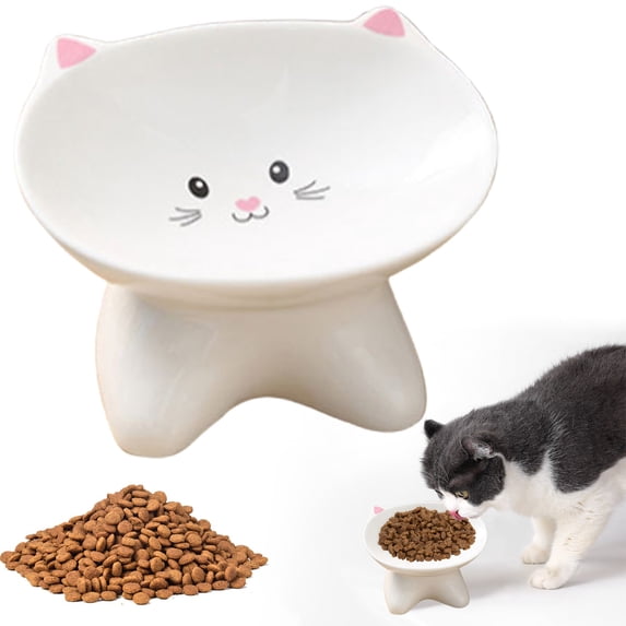 Runkheen Ceramic 15° Tilted Raised Cat Bowl, Anti Vomiting Spine Protection Feeding Dish for Kitten Adult Cats Small Dogs