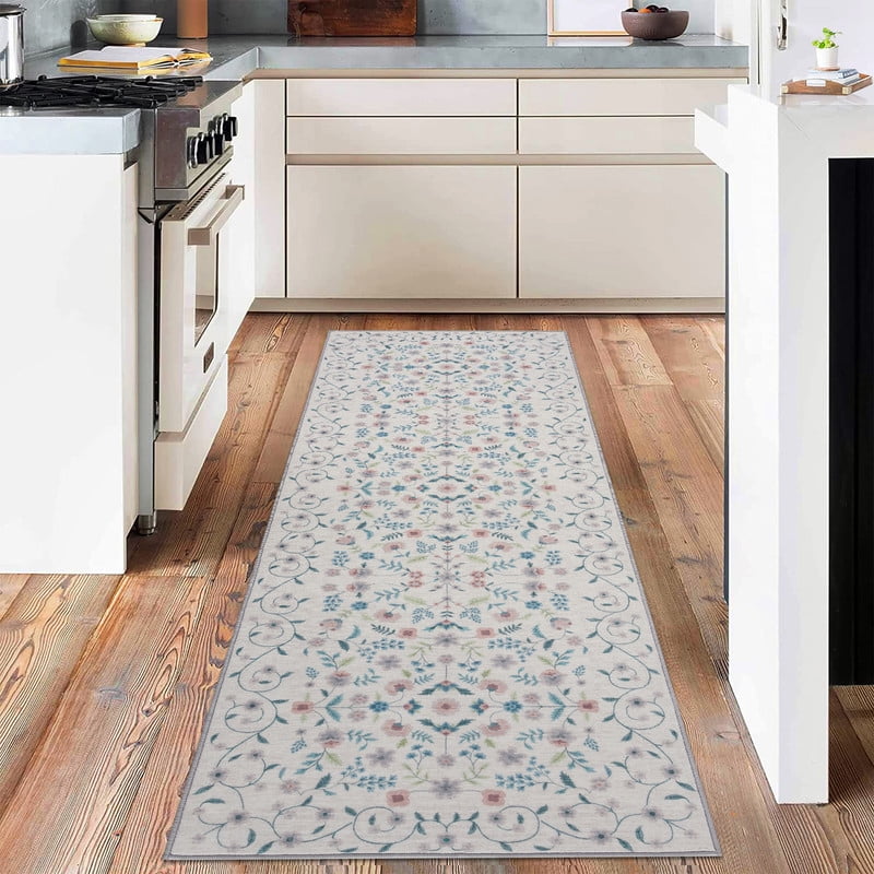 Runner 2'x6' Washable Floral Rugs for Living Room Non Slip Low Pile Carpet for Office Bedroom Kids Room Bedside Entryway Beige