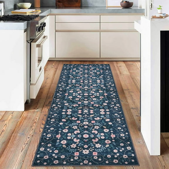 Runner 2'x6' Washable Floral Rugs for Living Room Non Slip Low Pile Carpet for Office Bedroom Kids Room Bedside Entryway Black