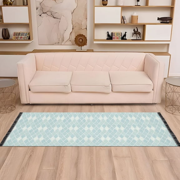 Runner Area Rug Soft Non-Slip Washable Carpet for Hallway Bedroom Living Room Home Decor 2"x6" Clear Cerulean Block