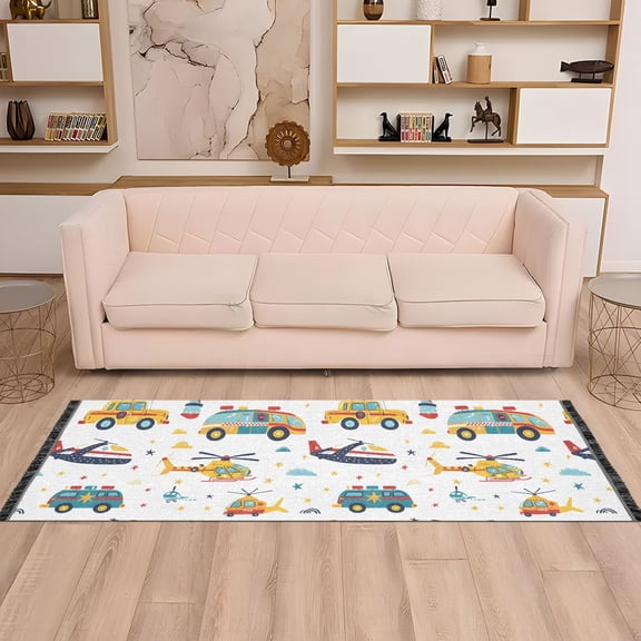 Runner Area Rug Soft Non-Slip Washable Carpet for Hallway Bedroom Living Room Home Decor 2"x6" Hand Drawn Car Helicopter