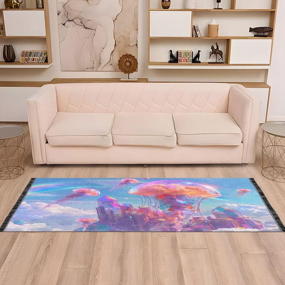 Runner Area Rug Soft Non-Slip Washable Carpet for Hallway Bedroom Living Room Home Decor 2"x6" Jellyfish Flying and Rainbow