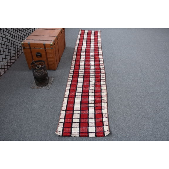 Runner Kilim, Turkish Kilim, Vintage Kilim, Antique Kilim, 25x127 inches Red Kilim, Tribal Kilim, Stair Kilim, 11596
