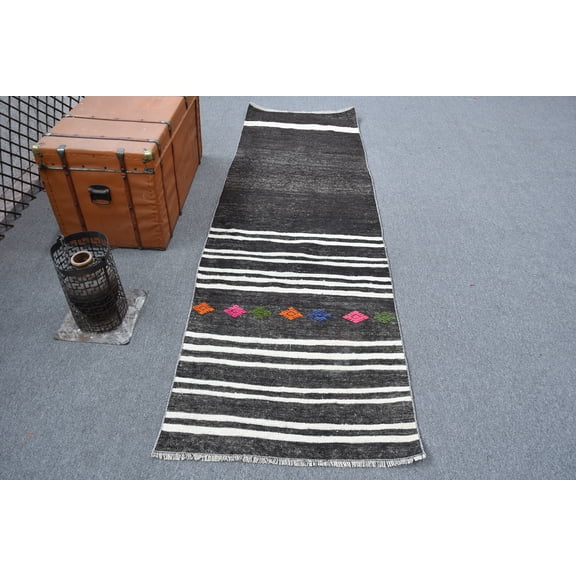 Runner Kilim, Turkish Kilim, Vintage Kilim, Home Decor Kilim, 33x106 inches Black Kilim, Outdoor Kilim, Kitchen Kilim, 11473