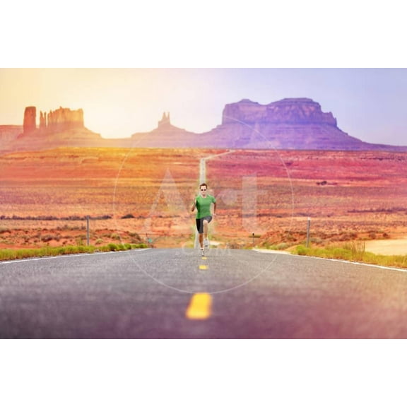 Runner Man Athlete Running Sprinting on Road by Monument Valley Concept with Sprinter Fast Trainin, Figurative Scenic Unframed Photographic Print Wall Art by Maridav Sold by ArtCom