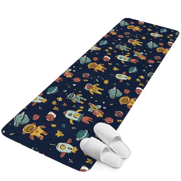 Runner Rug 1.64'x5.25', Cartoon Space Non Slip Backing Floor Mats Soft Area Rugs, Absorbent Muddy Dirt Trapping Carpet for Entryway Hallway Kitchen Bedroom Funny Cute Rocket Planet Navy Blue