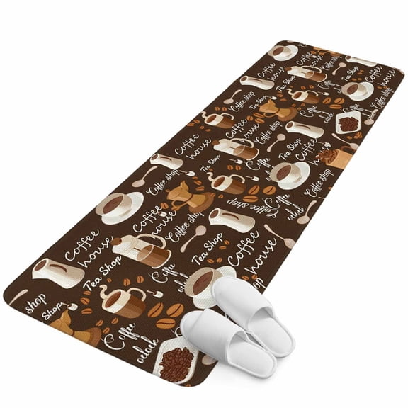 Runner Rug 1.64'x5.25', Coffee Non Slip Backing Floor Mats Soft Area Rugs, Absorbent Muddy Dirt Trapping Carpet for Entryway Hallway Kitchen Bedroom Brown Retro Coffee Theme Beans Latte Tea Cup