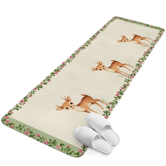 Runner Rug 1.64'x5.25', Country Deer Non Slip Backing Floor Mats Soft Area Rugs, Absorbent Muddy Dirt Trapping Carpet for Entryway Hallway Kitchen Bedroom Farmhouse Rustic Flower Leaf Plant Beige