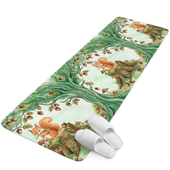 Runner Rug 1.64'x5.25', Cute Squirrel Forest Non Slip Backing Floor Mats Soft Area Rugs, Absorbent Muddy Dirt Trapping Carpet for Entryway Hallway Kitchen Bedroom Green Trees Cone Leaves Mushroom