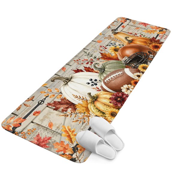Runner Rug 1.64'x5.25', Fall Pumpkins Non Slip Backing Floor Mats Soft Area Rugs, Absorbent Muddy Dirt Trapping Carpet for Entryway Hallway Kitchen Thanksgiving Harvest Football Flowers Vintage