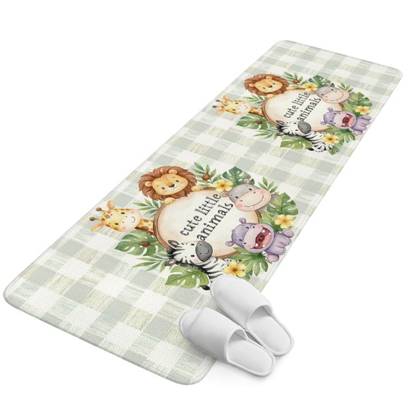 Runner Rug 15.7"x47.2", Animal Family Non Slip Backing Floor Mats Area Rugs, Absorbent Muddy Dirt Trapping Carpet for Hallway Entryway Kitchen Bedside Lions Zebras Giraffes Tropical Palm Green