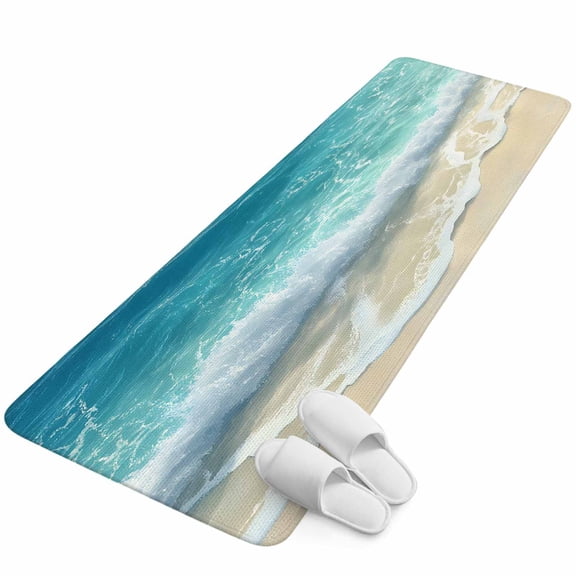 Runner Rug 15.7"x47.2", Aqua Blue Beach Non Slip Backing Floor Mats Area Rugs, Absorbent Muddy Dirt Trapping Carpet for Hallway Entryway Kitchen Bedside Coastal Seawaves Sand Shore Scenery