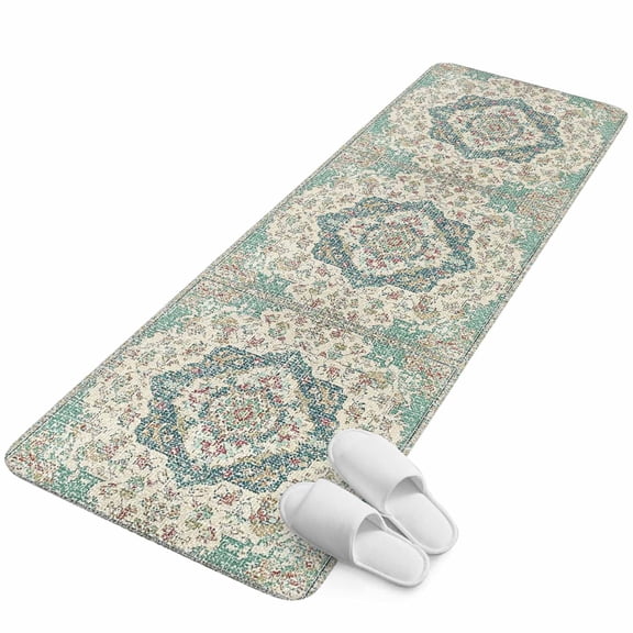 Runner Rug 15.7"x47.2", Beige Teal Boho Non Slip Backing Floor Mats Area Rugs, Absorbent Muddy Dirt Trapping Carpet for Hallway Entryway Kitchen Bedside Medieval Vintage Ethnic Floral Abstract