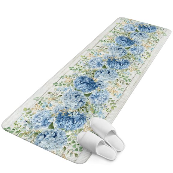 Runner Rug 15.7"x47.2", Blue Hydrangeas Non Slip Backing Floor Mats Area Rugs, Absorbent Muddy Dirt Trapping Carpet for Hallway Entryway Kitchen Spring Floral Green Eucalyptus Leaves Wood Gray